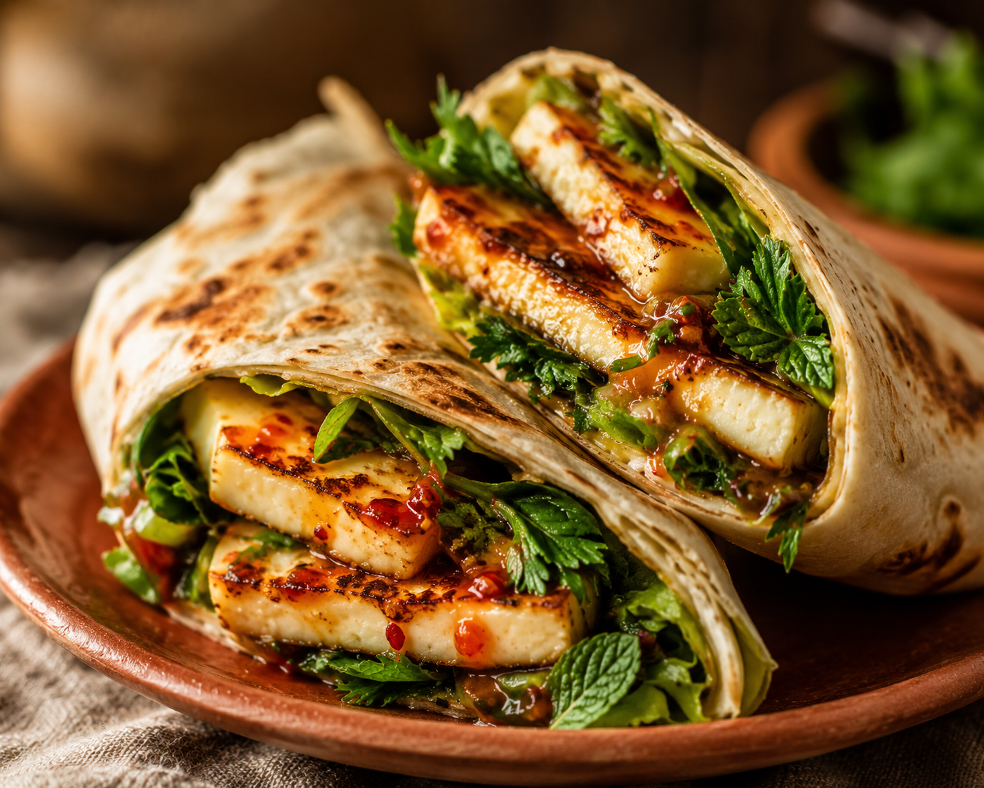 Grilled halloumi wrap with herbs and chilli glaze