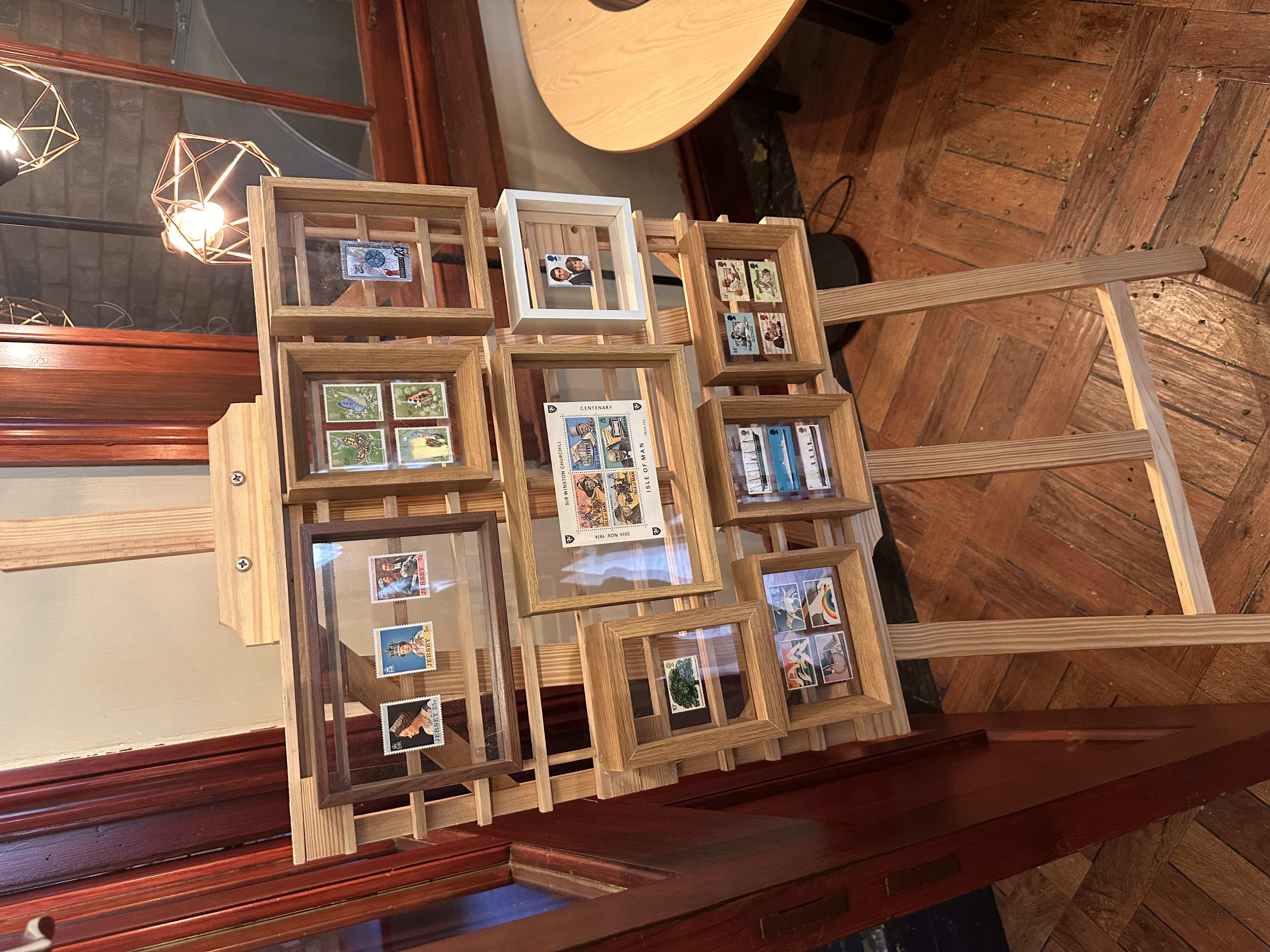 Vintage stamp collection on easel