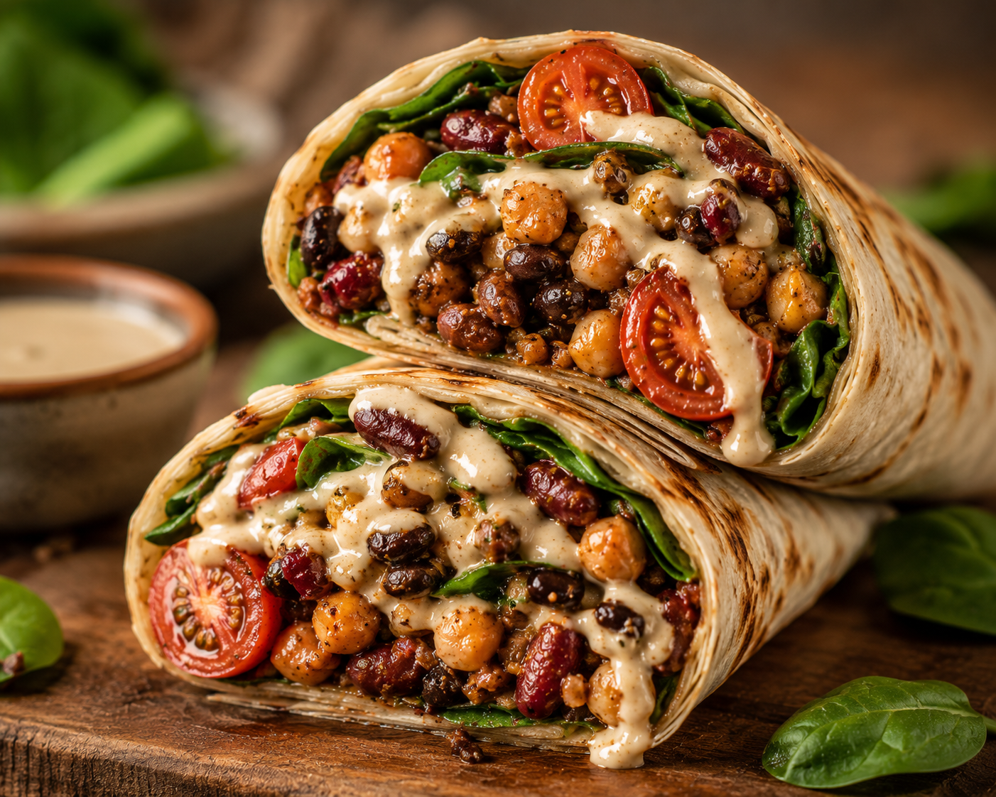 Mixed bean salad wrap with greens, tomato and tahini sauce