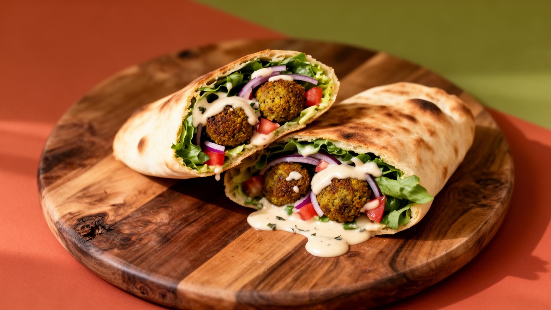 Wrapture falafel flatbread wrap on a wooden board
